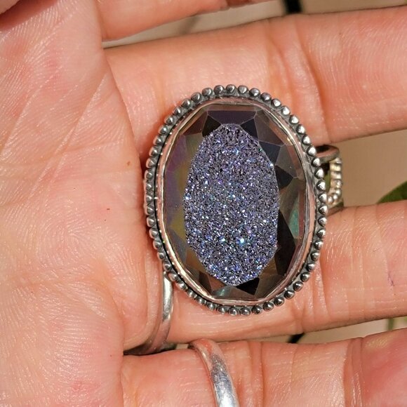 Designer Colleen Lopez purple flashy druzy 925 sterling silver heavy ring adjust - Picture 12 of 16